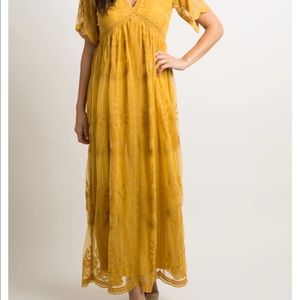 PinkBlush Maternity Lace Mesh Overlay Maxi Dress - Yellow